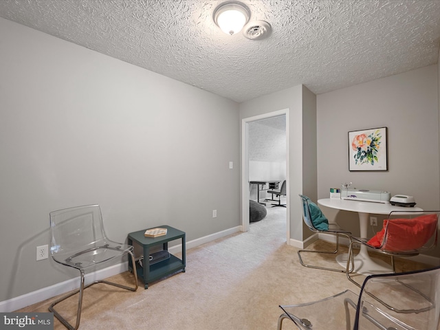 office space featuring light carpet and a textured ceiling