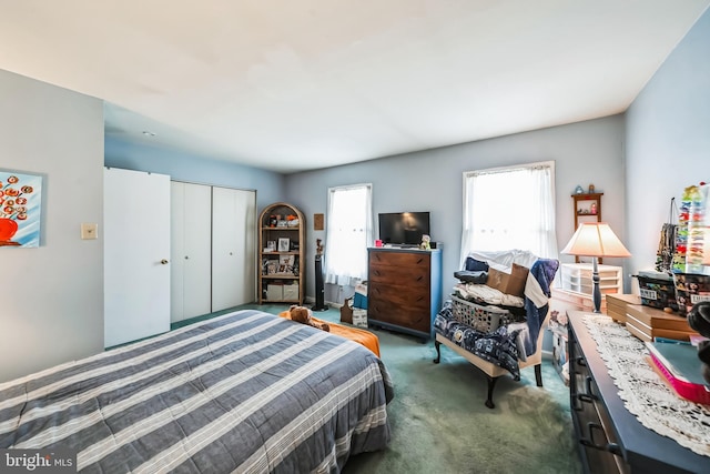 carpeted bedroom with a closet