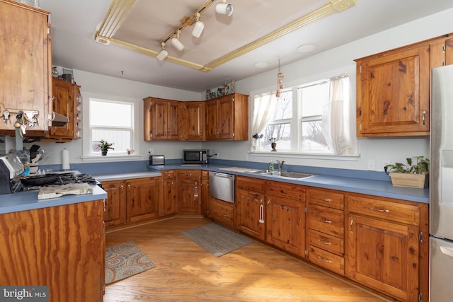 kitchen with stainless steel appliances, sink, and light wood-type flooring