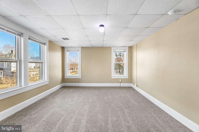 spare room featuring a drop ceiling and carpet flooring