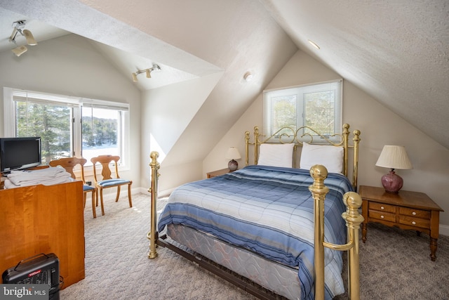 carpeted bedroom featuring multiple windows, lofted ceiling, and a textured ceiling