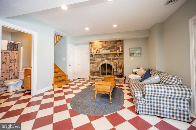 living room with a fireplace