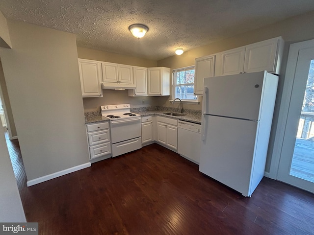 12725 Bar Oak Dr, Waldorf, MD 20601 - kitchen featuring dark hardwood / wood-style floors, white cabinetry, sink, light stone counters, and white appliances