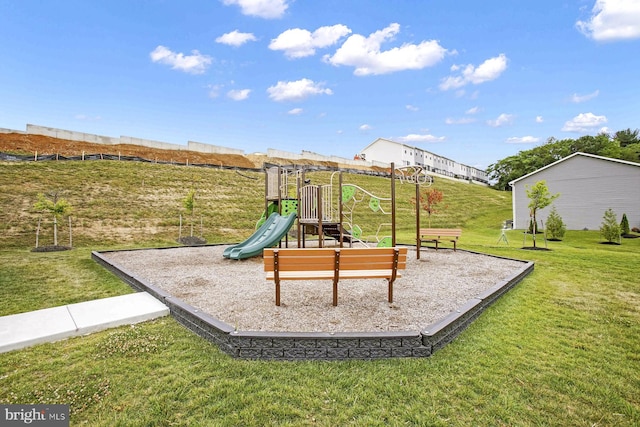 view of jungle gym with a yard