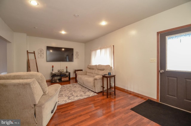 living room featuring hardwood / wood-style flooring and a healthy amount of sunlight