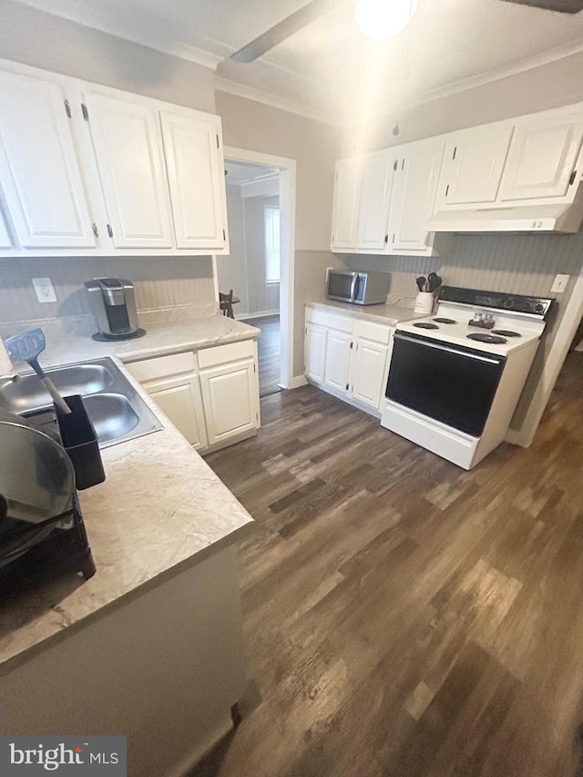 kitchen featuring sink, crown molding, white cabinetry, dark hardwood / wood-style floors, and white electric stove