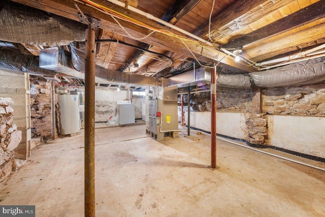 basement featuring washer / dryer, electric water heater, and heating unit