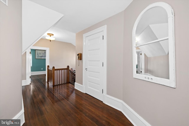 hall with lofted ceiling and dark hardwood / wood-style flooring