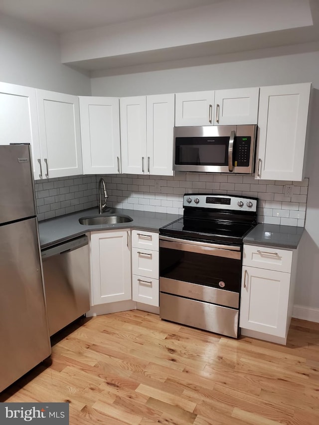 kitchen featuring sink, backsplash, white cabinets, and stainless steel appliances