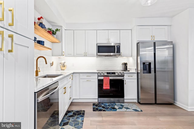 kitchen featuring tasteful backsplash, sink, white cabinets, stainless steel appliances, and light hardwood / wood-style flooring