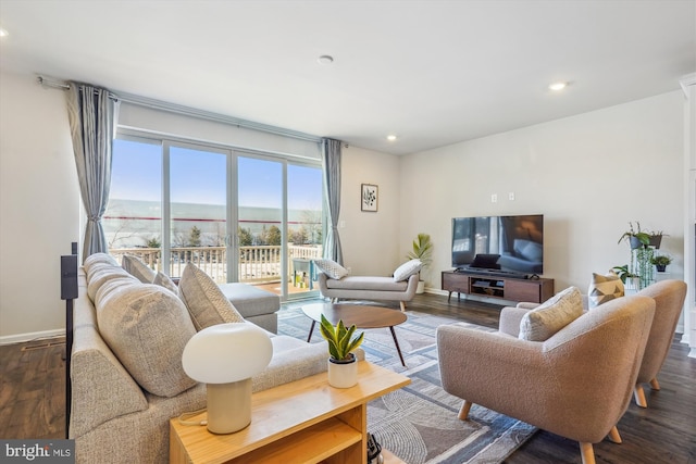 living room with dark wood-type flooring