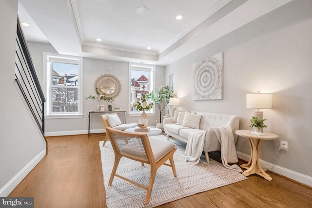 living room featuring light hardwood / wood-style floors, crown molding, and a raised ceiling