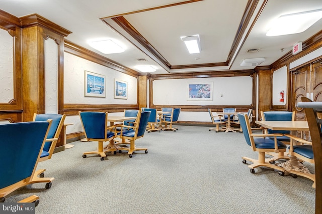 carpeted home office featuring ornamental molding