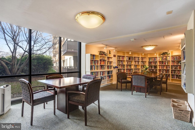 carpeted dining room with expansive windows and built in features