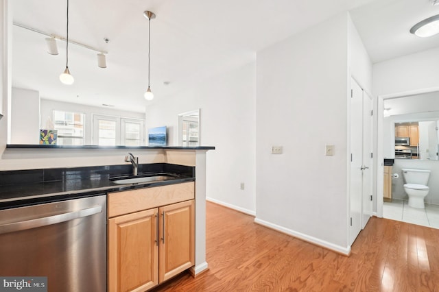 kitchen featuring pendant lighting, appliances with stainless steel finishes, sink, and wood-type flooring