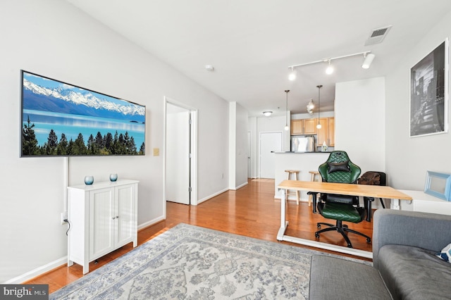 living room featuring hardwood / wood-style flooring and rail lighting