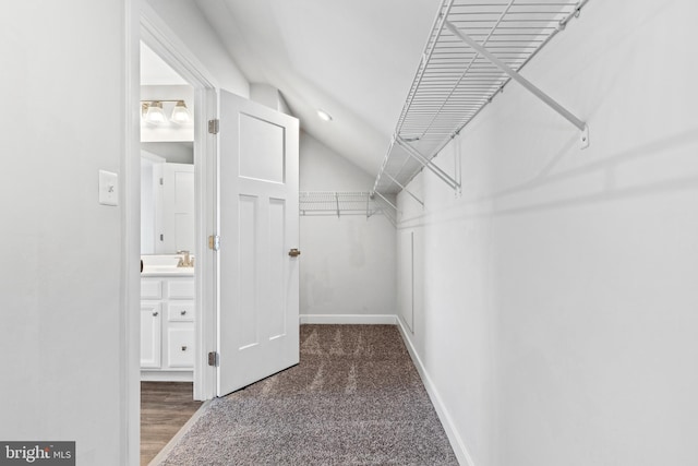 spacious closet featuring vaulted ceiling, sink, and dark carpet