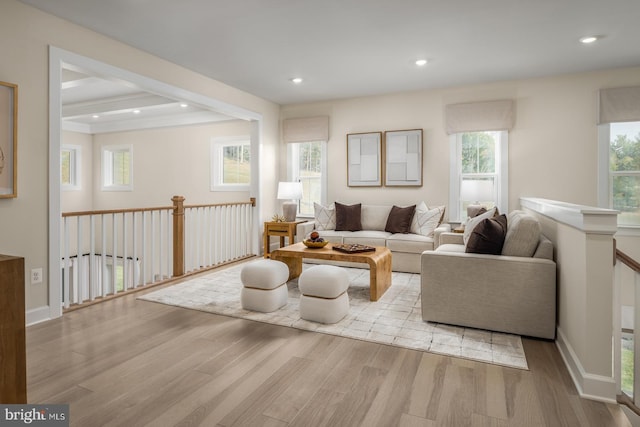 living room featuring light hardwood / wood-style flooring and beam ceiling