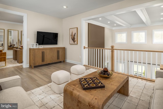 living room featuring crown molding, light wood-type flooring, and beamed ceiling