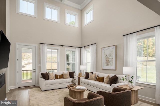 living room with light wood-type flooring and a towering ceiling