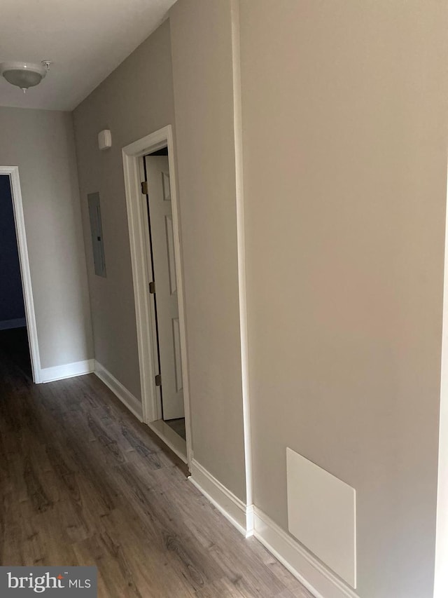 hallway with electric panel and dark hardwood / wood-style floors