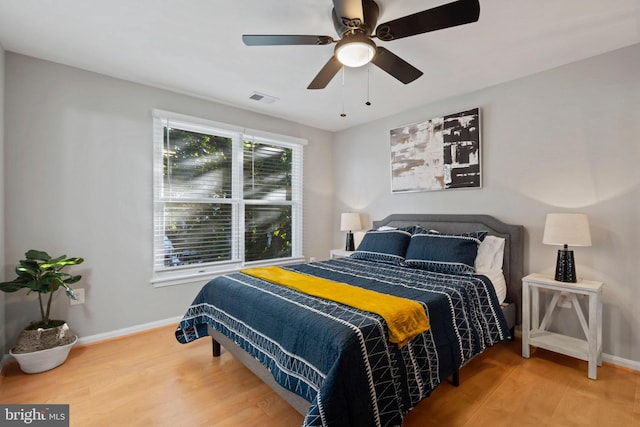 bedroom with ceiling fan and wood-type flooring