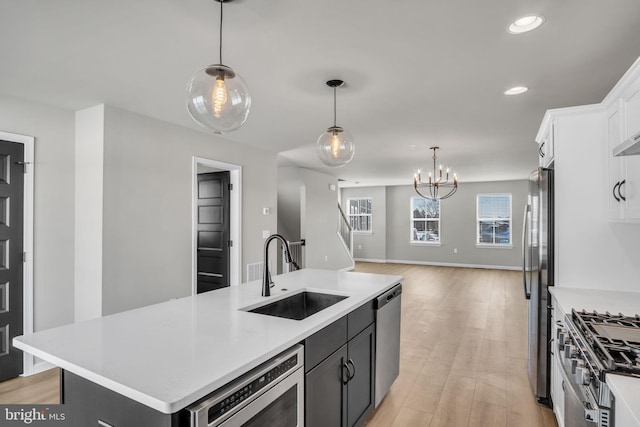 kitchen with pendant lighting, an island with sink, stainless steel appliances, and sink