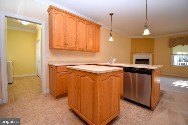 kitchen with decorative light fixtures, ornamental molding, a center island, and dishwasher