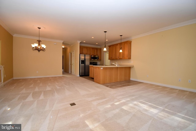 kitchen with pendant lighting, light colored carpet, stainless steel appliances, and kitchen peninsula