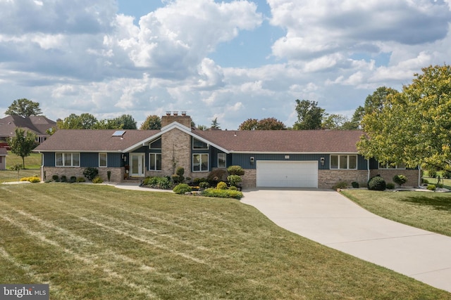 ranch-style home with a garage and a front yard