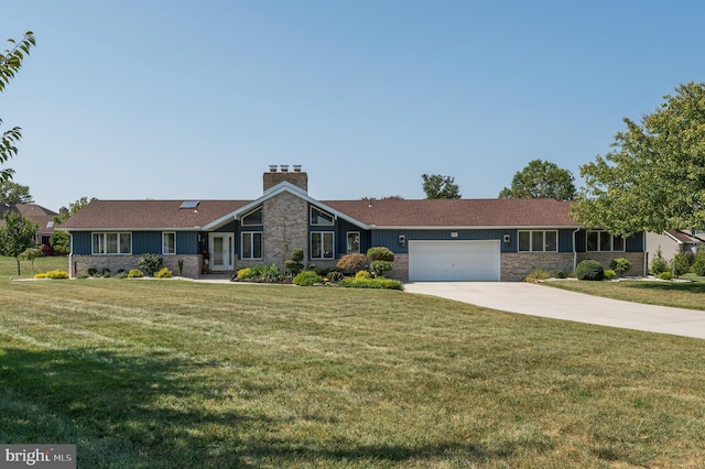 ranch-style home featuring a garage and a front lawn