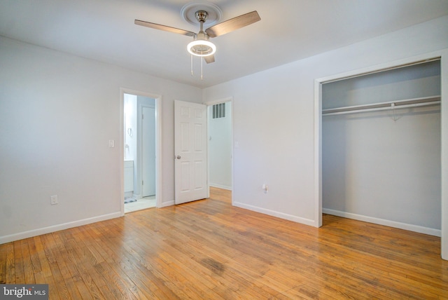 unfurnished bedroom featuring a closet, ceiling fan, and light hardwood / wood-style flooring