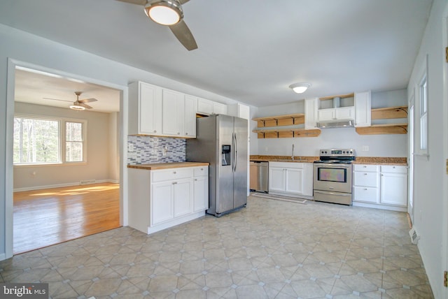 kitchen with sink, ceiling fan, appliances with stainless steel finishes, tasteful backsplash, and white cabinets