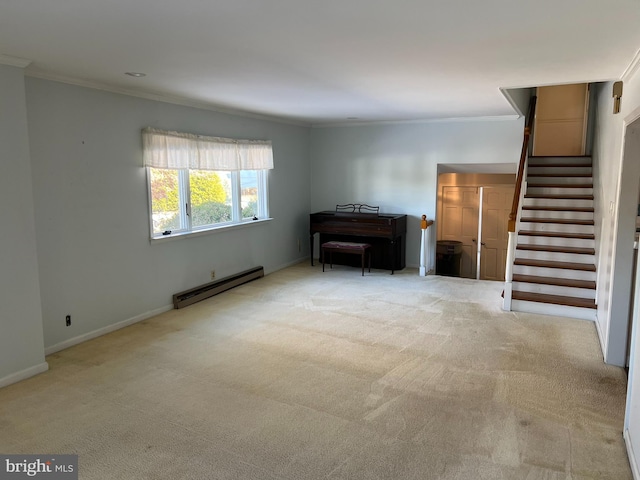 interior space with crown molding, a baseboard radiator, and light colored carpet