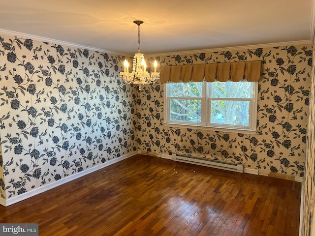 unfurnished room featuring a notable chandelier, ornamental molding, dark hardwood / wood-style flooring, and a baseboard heating unit