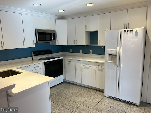 kitchen with white cabinetry, range with electric stovetop, white refrigerator with ice dispenser, and crown molding