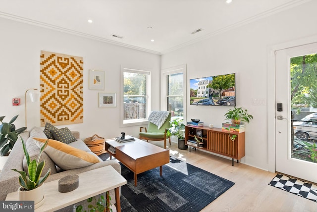 living room featuring light hardwood / wood-style floors and ornamental molding