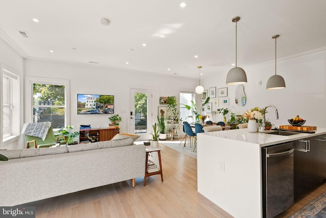 kitchen featuring sink, pendant lighting, light hardwood / wood-style flooring, and crown molding