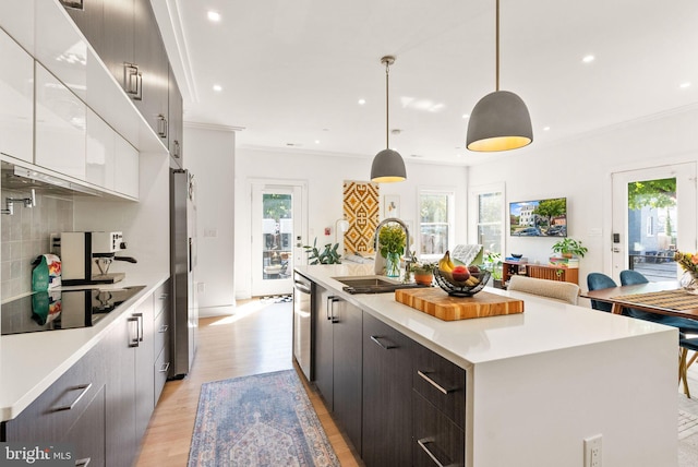 kitchen featuring sink, a center island with sink, light hardwood / wood-style floors, and pendant lighting