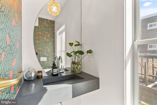 interior details with crown molding and sink