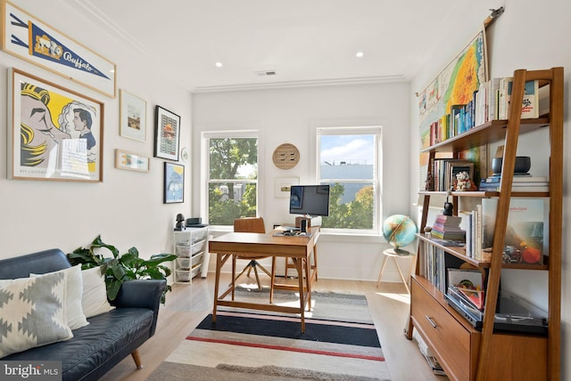 office with crown molding, light wood-type flooring, and a wealth of natural light