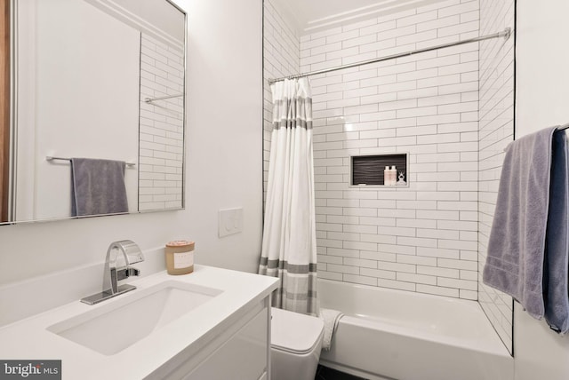 full bathroom with toilet, shower / bath combination with curtain, and vanity