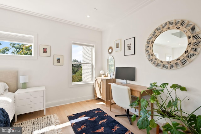 office space with light hardwood / wood-style flooring and ornamental molding