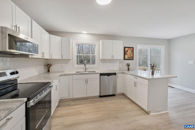 kitchen featuring appliances with stainless steel finishes, white cabinetry, sink, kitchen peninsula, and light wood-type flooring