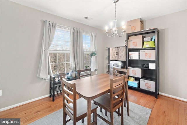 dining area featuring hardwood / wood-style floors and a notable chandelier