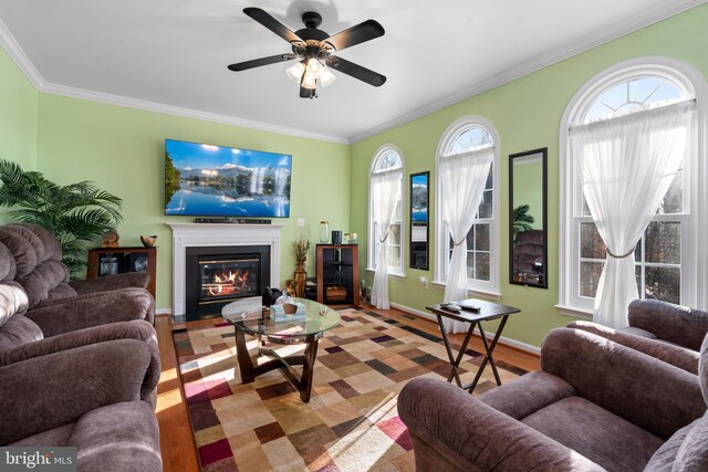 living room with crown molding, wood-type flooring, and ceiling fan