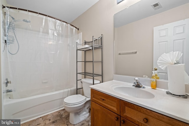 full bathroom featuring vanity, shower / bath combination with curtain, and toilet