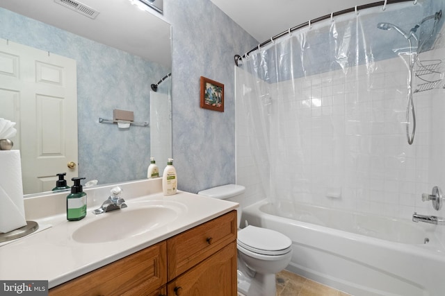 full bathroom with shower / bathtub combination with curtain, vanity, tile patterned flooring, and toilet