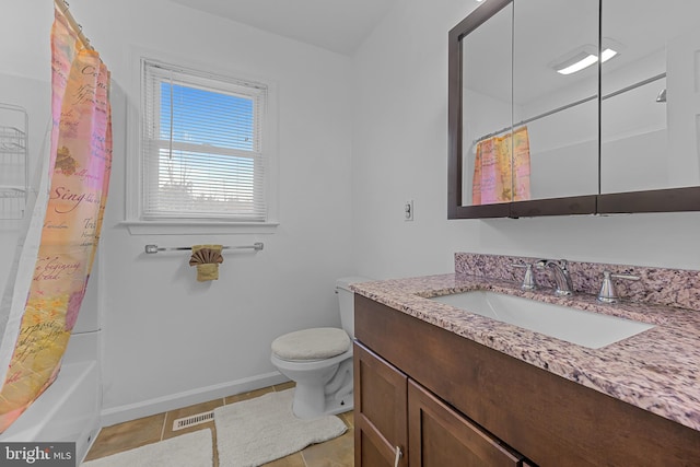 full bathroom featuring toilet, shower / tub combo, tile patterned floors, and vanity