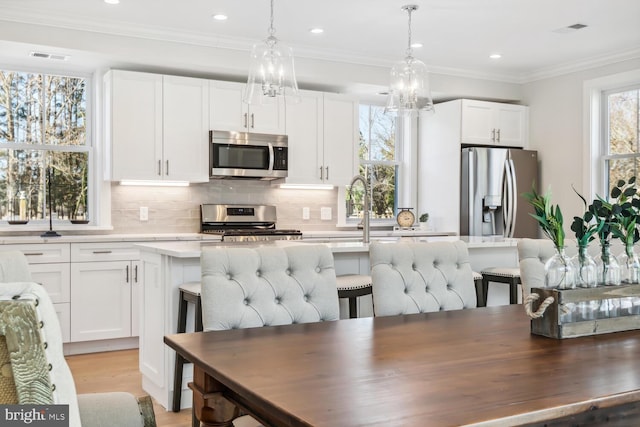 kitchen with white cabinetry, decorative light fixtures, a center island, and appliances with stainless steel finishes